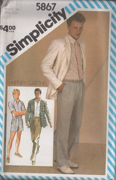 Simplicity 5867 Vintage 80's Sewing Pattern Mens' Separates, Miami Vice Suit, Designer Henry Grethel, Blazer Suit Jacket, Pleated Shorts, Pants, and Button Down Shirt Size 18