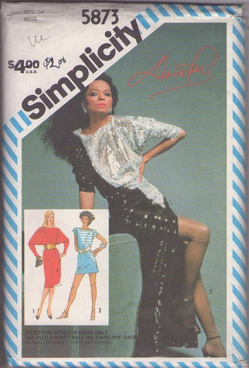 Simplicity 5873 Vintage 80's Sewing Pattern Disco Gown, Batwing Dress Set, Diana Ross Bob Mackie Styles, Diagonal Dolman Sleeve Mini, Knee Length or Formal Slit Sequin Gown Size 14