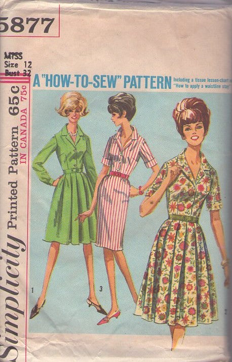 Simplicity 5877 Vintage 60's Sewing Pattern Shirtwaist Dresses, Mad Men Housewife Daytime Shirtwaist Dress, Pleated or Sheath Skirt Size 12