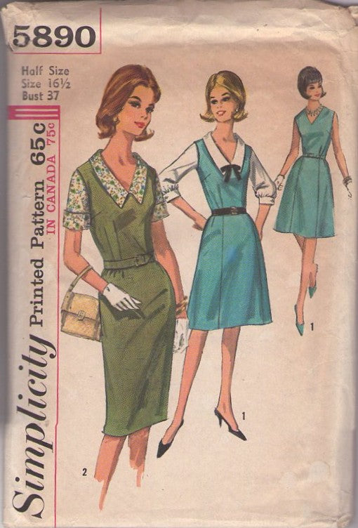 Simplicity 5890 Vintage 60's Sewing Pattern Mod Separates, Housewife, Flat Collar Blouse, Slim or Gored Panel Skirt Jumper, Dress Size 16.5