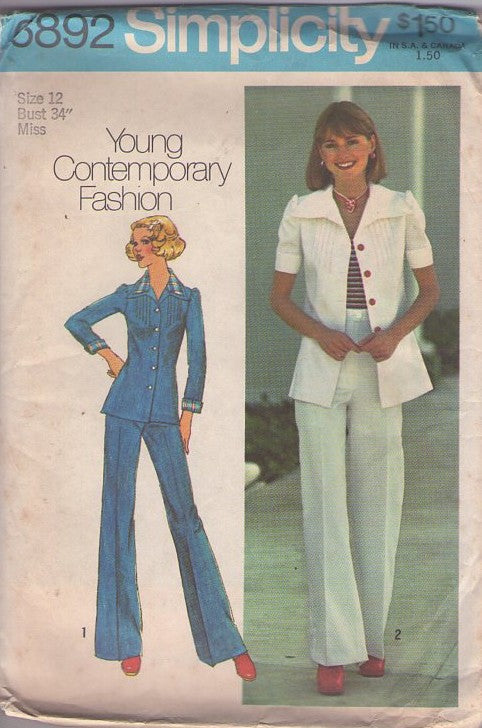 Simplicity 6892 Vintage 70's Sewing Pattern Pantsuit Separates, Young Contemporary Fashion Pin Tucks Shirt Jacket, High Waisted Fly Front Pants Size 12 PART CUT