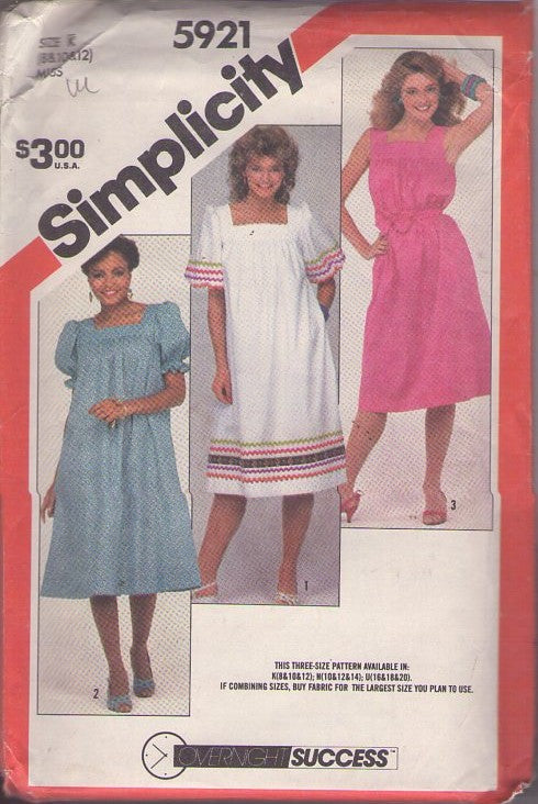 Simplicity 5921 Vintage 80's Sewing Pattern House Dress, Summer Muumuu, Sun or Caftan Style Size 8-12