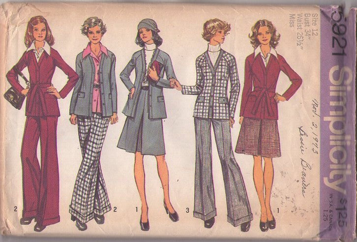 Simplicity 5921 Vintage 70's Sewing Pattern Secretary Separates, Easy Band Trim Wrap Cardigan Shirt Jacket, Flared Pleated Skirt, Cuffed Wide Leg Pants Size 12