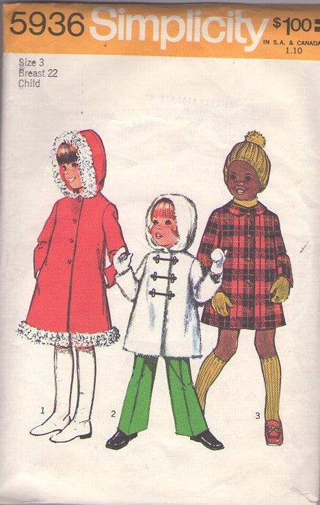 Simplicity 5936 Vintage 70's Sewing Pattern Girl's Coats, Faux Fur Lined or Pile Toddler Toggle Coat, Hooded Jacket 3 Styles for Winter Size 3