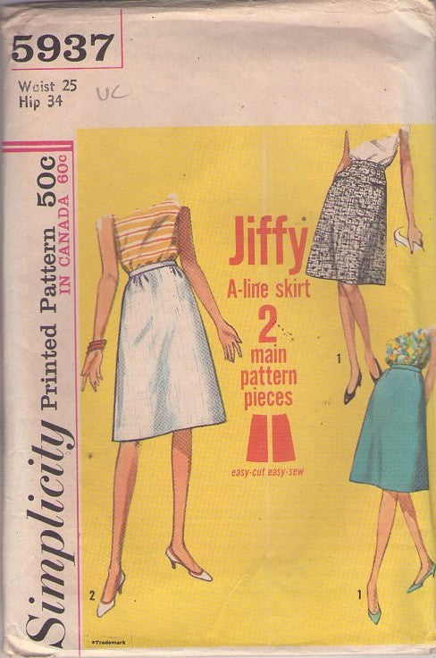 Simplicity 5937 Vintage 60's Sewing Pattern Jiffy Skirts, Basic A-Line Every Day Skirt Waist 25 Size S