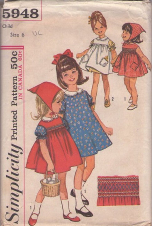 Simplicity 5948 Vintage 60's Sewing Pattern Girl's Dress, Pinafore, Scarf, Flared Tent, Smocked Yoke, School Days Dress & Head Scarf Size 6