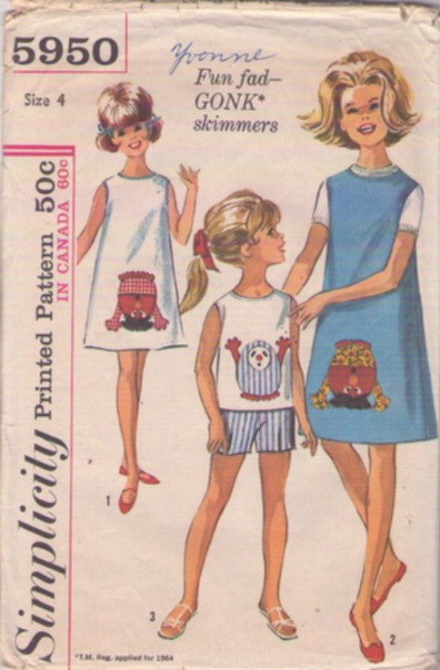 Simplicity 5950 Vintage 60's Sewing Pattern Girl's Separates, Fad Mod GONK Character Skimmers Sleeveless A-Line Jumper Dress, Top, Shorts, Transfer for Gonk Applique Size 4