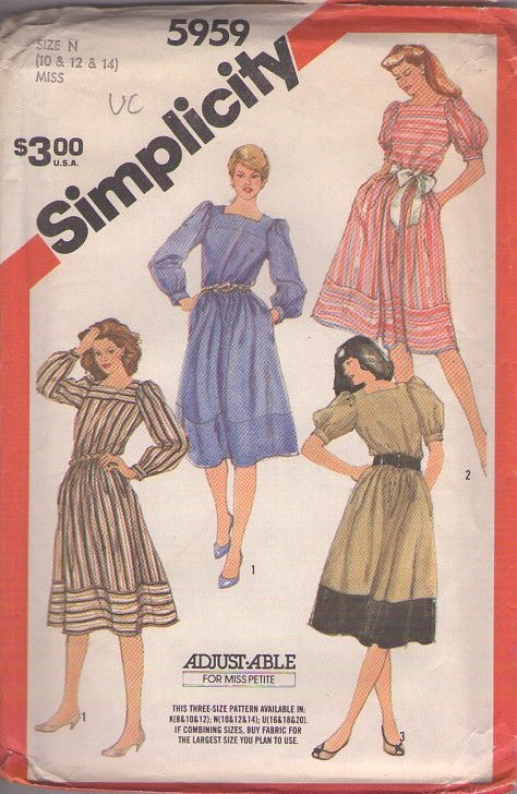 Simplicity 5959 Vintage 80's Sewing Pattern Office Dresses, Contrast Hem Band, Puff Sleeve Secretary Day Dress 3 Styles Size 10-14
