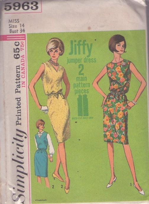 Simplicity 5963 Vintage 60's Sewing Pattern Day Dress Set, Easy Mad Men Drawstring Waist Jiffy Jumper or Dress, 2 Styles Size 14