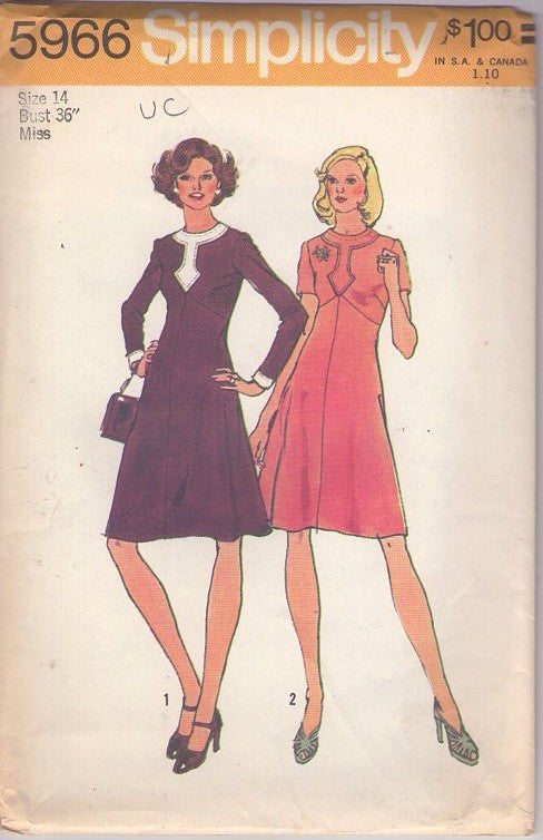 Simplicity 5966 Vintage 70's Sewing Pattern Mod Dress Set, Color Block Arrow Bodice Detail Fit & Flared Empire Waist Party Dress Size 14