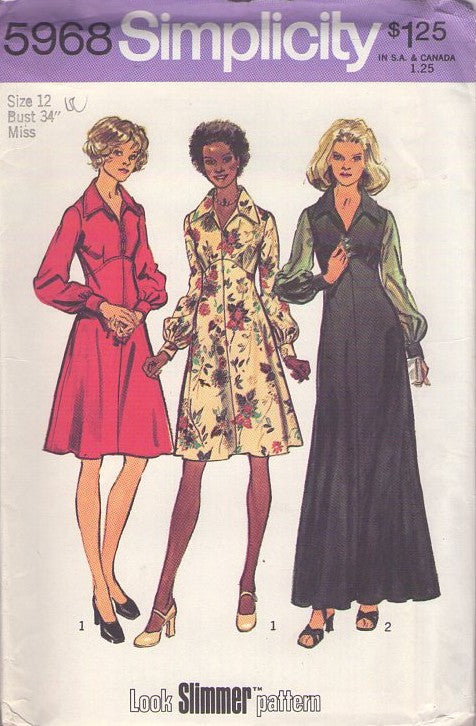 Simplicity 5968 Vintage 70's Sewing Pattern Disco Gowns, Hostess Collared, High Curved Waist, Flared Skirt Secretary Dress, Evening Gown 2 Styles Size 12