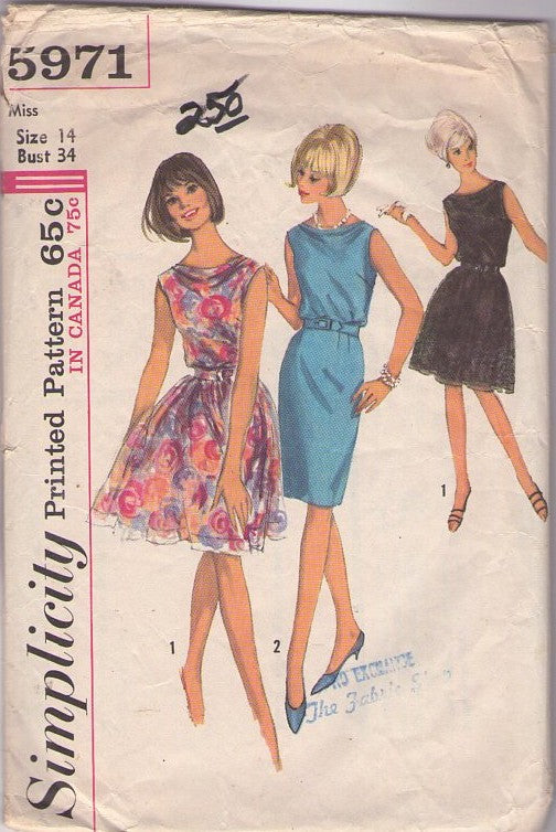 Simplicity 5971 Vintage 60's Sewing Pattern Mod Dress, Draped Cowl Neck Sheath or Flared Skirt Mad Men Cocktail Party Dress, 2 Styles Size 14
