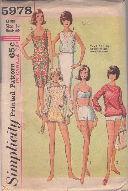 Simplicity 5978 Vintage 60's Sewing Patterns Mod Swimwear, Modest Pinup 2 Piece Bathing Suit, Bra Top, Boy Cut Shorts, Bloused Overblouse Top, Scoop Neck Sheath Party Dress Size 14