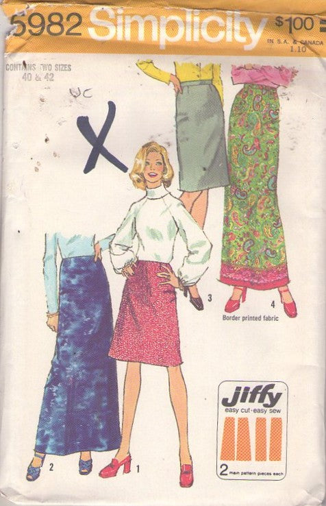 Simplicity 5982 Vintage 70's Sewing Pattern Easy Cut Skirts, Easy Sew Jiffy No Waistband Dart Fit A-Line Secretary Skirt, Long Border Print Bohemian Hostess Maxi Size 40-42 Size XL