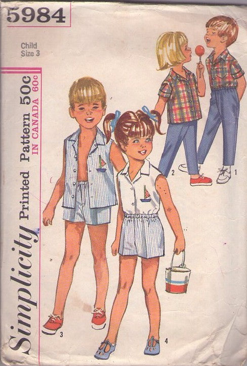 Simplicity 5984 Vintage 60's Sewing Pattern Boys' & Girl's Outfit, Nautical Sailboat Applique Summer Blouse, Shirt, Pull On Shorts & Pants Fly Front Size 3