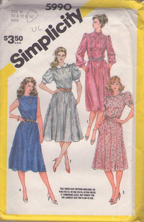 Simplicity 5990 Vintage 80's Sewing Pattern Modest Dress Set, Farmcore Vibes Modest Flared Skirt Blouson Secretary Dress Set 4 Styles Size 10-14