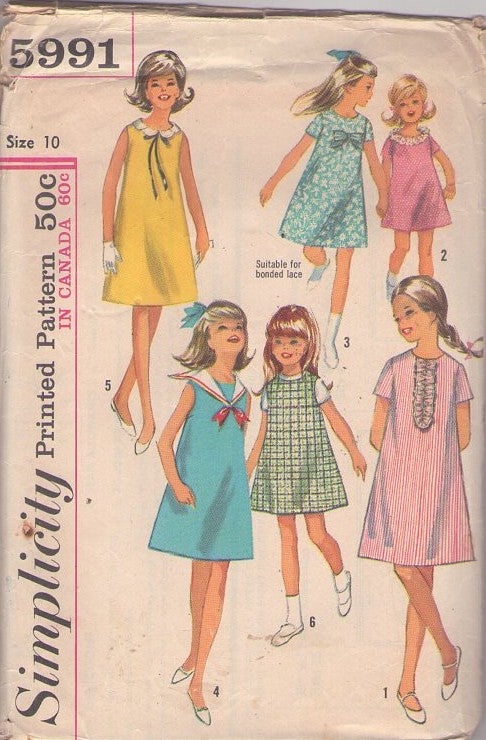Simplicity 5991 Vintage 60's Sewing Pattern Girl's Mod Dress Set, Nautical Sailor Collar School Dress, Summer Jumper, 6 Styles Size 10
