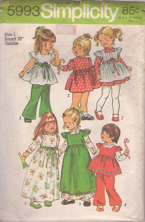 Simplicity 5993 Vintage 70's Sewing Pattern Girl's Separates, Flared Skirt Flutter Sleeve Smock Top, Blouse, Girl's Party Dress, Maxi Gown & Pinafore Size 1 CUT