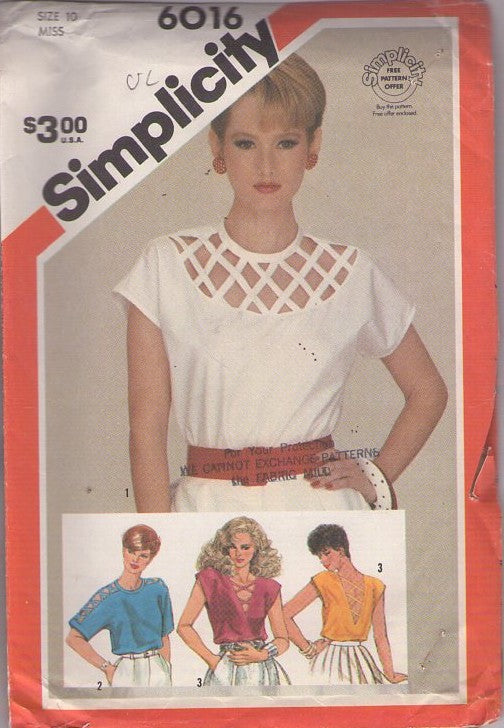 Simplicity 6016 Vintage 80's Sewing Pattern Pullover Tops, Criss Cross Lattice Neck, Front or Sleeve Pullover Blouse Set, 3 Styles Size 10