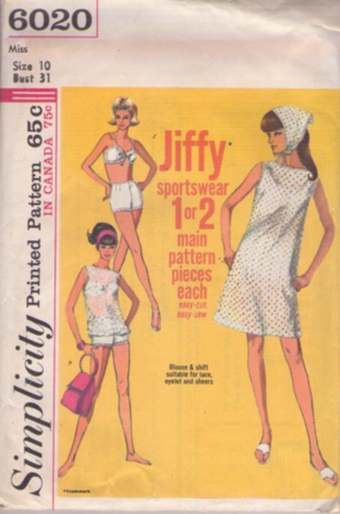 Simplicity 6020 Vintage 60's Sewing Pattern Summer Separates, Jiffy Mod, Gidget Sportswear, Bikini Bathing Suit Top, Boy Cut Shorts, Lace Shirt, Dress, Head Scarf Size 10