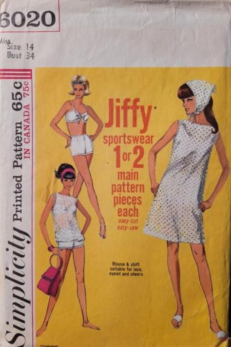 Simplicity 6020 Vintage 60's Sewing Pattern Summer Separates, Jiffy Mod, Gidget Sportswear, Bikini Bathing Suit Top, Boy Cut Shorts, Lace Shirt, Dress, Head Scarf Size 14