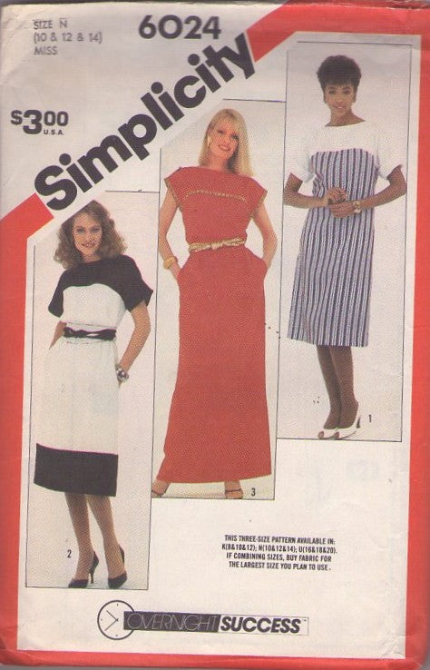 Simplicity 6024 Vintage 80's Sewing Pattern Secretary Dress, Overnight Success, Yoked, Color Block Maxi Gown Size 10-14