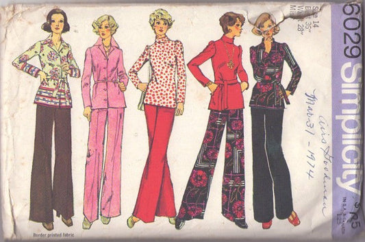 Simplicity 6029 Vintage 70's Sewing Pattern Casual Separates, Border Print Shirt Jacket Blouse, Top Set, Wide Leg Pants, Pantsuit Size 10