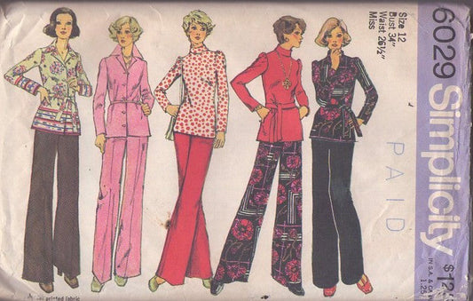 Simplicity 6029 Vintage 70's Sewing Pattern Casual Separates, Border Print Shirt Jacket Blouse, Top Set, Wide Leg Pants, Pantsuit Size 12