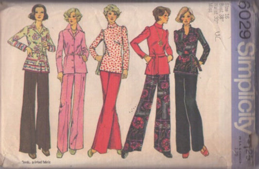 Simplicity 6029 Vintage 70's Sewing Pattern Casual Separates, Border Print Shirt Jacket Blouse, Top Set, Wide Leg Pants, Pantsuit Size 16