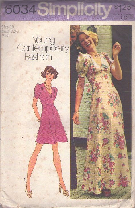 Simplicity 6034 Vintage 70's Sewing Pattern Prairie Dress, Young Contemporary Fashion, Underbust Midriff Section Flared Disco Party Dress, Boho Cottagecore Maxi Gown Size 10