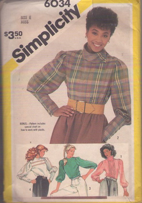 Simplicity 6034 Vintage 80's Sewing Pattern Career Blouse Set, Petite, Modest, Puff Balloon Sleeves, Lace Insets, Pin Tucks, 4 Styles Size 8