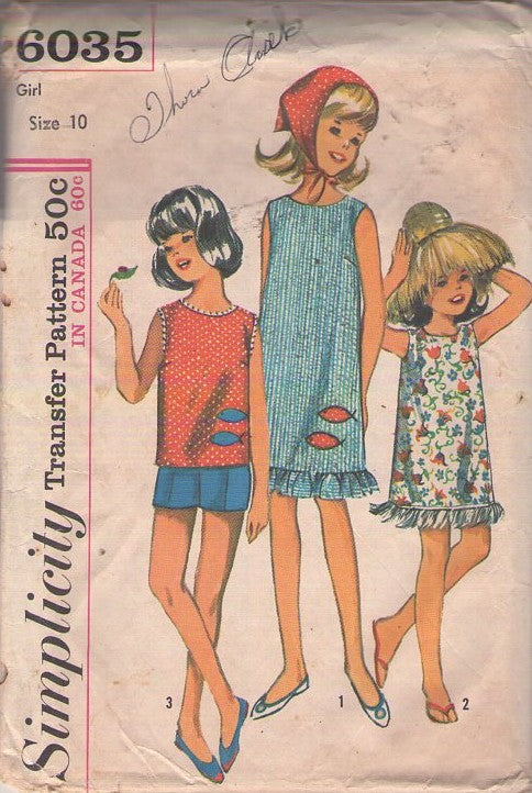 Simplicity 6035 Vintage 60's Sewing Pattern Girls' Summer Shift Dress, Top, Shorts, Fringe, Fish Applique Size 10