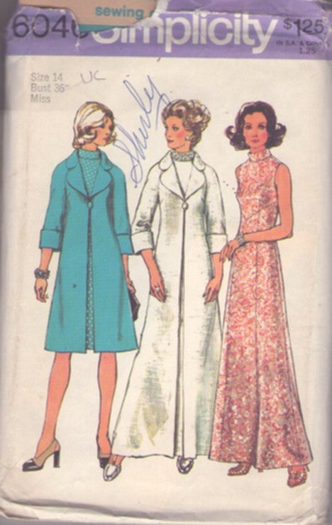 Simplicity 6046 Vintage 70's Sewing Pattern Evening Gown & Coat, Shaped Yoke Stand Up Jeweled Collar Panel Cut Maxi Gown, Day Dress, Knee or Opera Length Coat Size 14