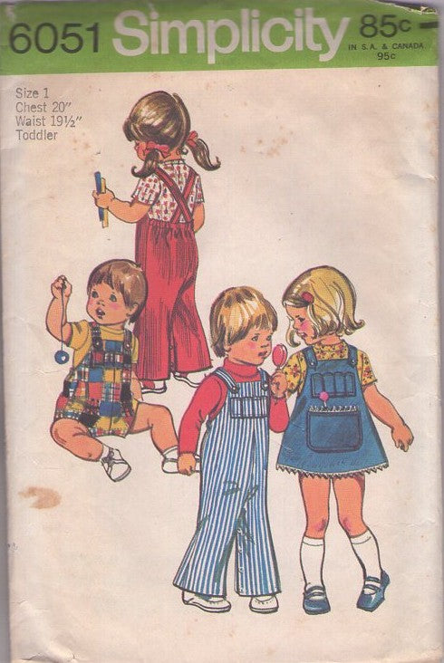 Simplicity 6051 Vintage 70's Sewing Pattern Boys' or Girl's Overalls Set, Criss Cross Strap Romper, Playsuit, Sunsuit, Overalls, Jumper Dress Size 1