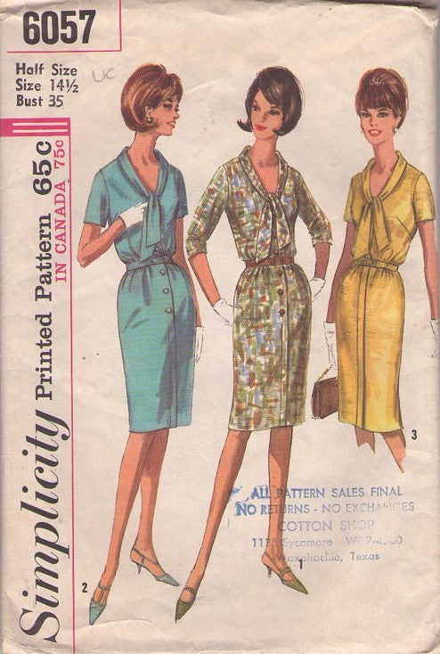 Simplicity 6057 Vintage 60's Sewing Pattern Secretary Dress Set, Mad Men Joan, Day Dress, V Neck Tie Collar, Front Buttons or Hidden Zipper Size 14.5