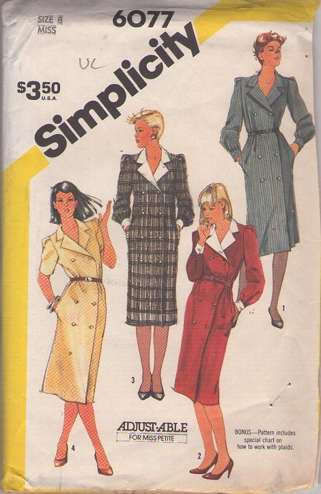 Simplicity 6077 Vintage 80's Sewing Pattern Petite Coat Dress, Secretary Double Breasted Sheath, 4 Styles Size 8