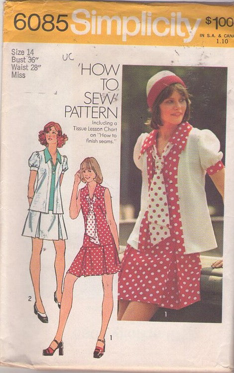 Simplicity 6085 Vintage 70's Sewing Pattern Mod Separates, Easy How to Sew Disco Secretary Twiggy Drop Waist Pleated Skirt Mini Dress, Puff Sleeve Jacket Top & Tie Size 14