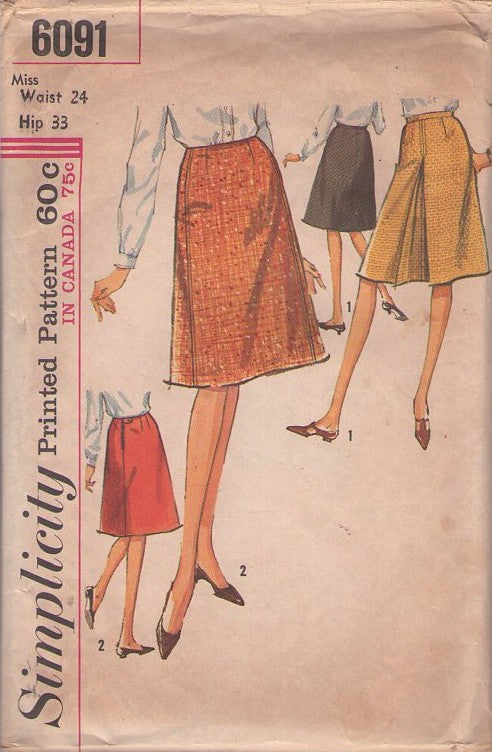 Simplicity 6091 Vintage 60's Sewing Pattern Mod Skirt Set, Classic A-Line Secretary Skirt, Straight or Pleated Waist 24 Size S