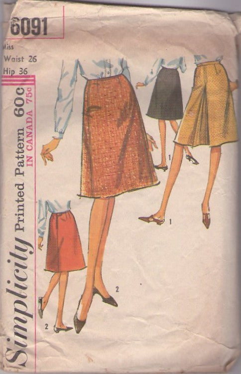 Simplicity 6091 Vintage 60's Sewing Pattern Mod Skirt Set, Classic A-Line Secretary Skirt, Straight or Pleated Waist 26 Size M