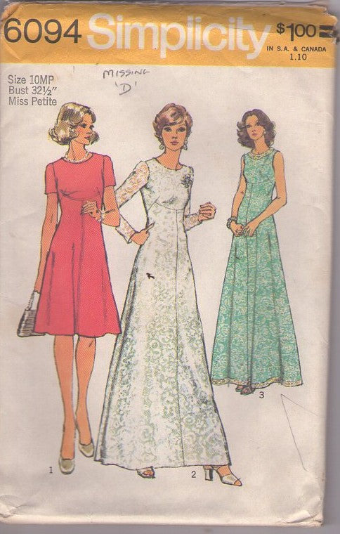 Simplicity 6094 Vintage 70's Sewing Pattern Disco Formals, Bridal Gown, High Scoop Seam Bodice Hostess Party Dress, Maxi or Short Size 10MP MISSING Neck Facing