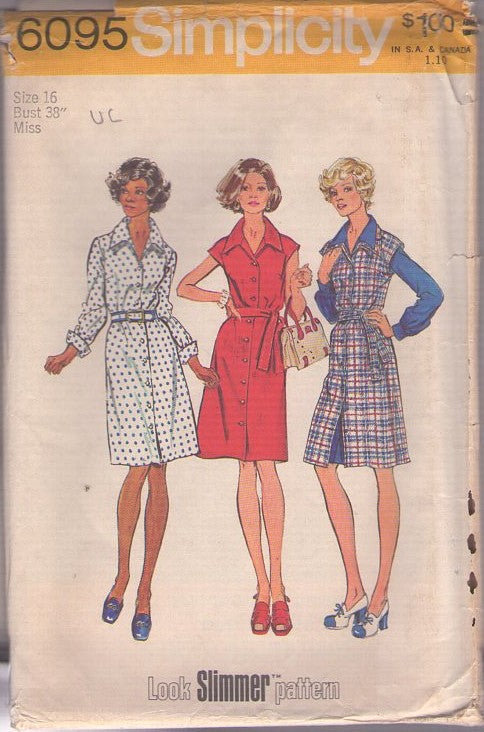Simplicity 6095 Vintage 70's Sewing Pattern Secretary Dresses, Look Slimmer Cap or Long Sleeve, Collared Front Buttons Shirt Dress, Secretary Summer Jumper Size 16