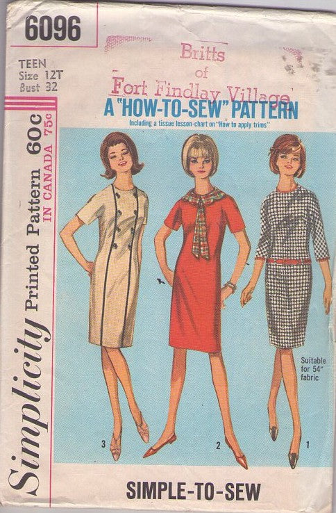 Simplicity 6096 Vintage 60's Sewing Pattern Mod Dress, Easy How To Sew, Mad Men, Dart Fit Sheath Dress 3 Styles Size 12T