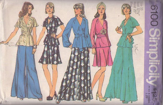 Simplicity 6100 Vintage 70's Sewing Pattern Disco Separates, V Neck Shirred Shoulders Butterfly Sleeve Wrap Around Top, Blouse, Flared Mini or Maxi Skirt, Palazzo Hostess Pants & Tie Belt Size 10
