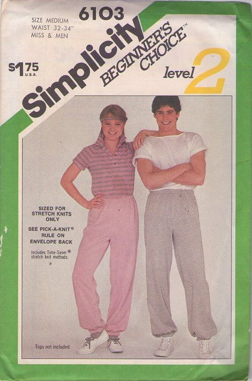 Simplicity 6103 Vintage 80's Sewing Pattern Men's or Ladies' Unisex Pull On Beginners' Choice Stretch Knits Sweat Pants, Casual Styles Size M