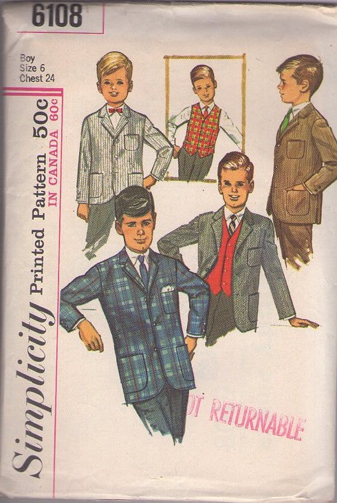 Simplicity 6108 Vintage 60's Sewing Pattern Boys' Suit Jacket, Mod Vest, Blazer Coat & Vest Set Size 6