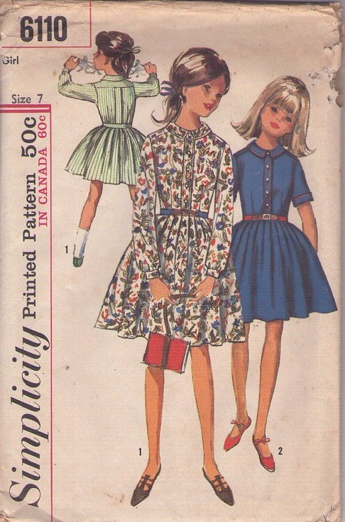 Simplicity 6110 Vintage 60's Sewing Pattern Girl's Dress, Modest Pleated Flared Skirt Shirtwaist School or Party Dress Size 7
