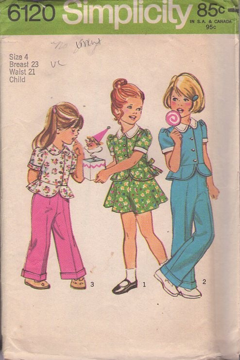 Simplicity 6120 Vintage 70's Sewing Pattern Girl's Separates, Flounced Peplum Skirt Blouse, Top, Flared Mini Skirt, Cuffed Pants Size 4