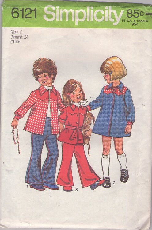 Simplicity 6121 Vintage 70's Sewing Pattern Girl's Separates, Western Yoked Blouse Top, Shirt, Button Front Dress, Bell Bottoms Pants Size 5