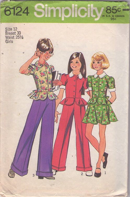 Simplicity 6124 Vintage 70's Sewing Pattern Girl's Separates, Brady Bunch Style, Hipster Peplum Skirted Blouse Top, Flared Mini Skirt, Cuffed Pants Size 12