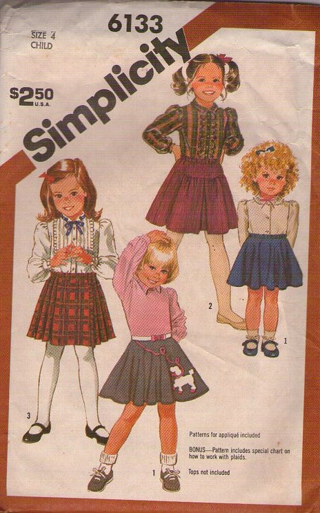 Simplicity 6133 Vintage 80's Sewing Pattern Girl's Circle Skirts, Yoked, Pull On, School Days Skirt 4 Styles Size 4